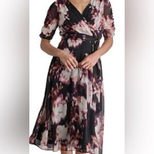 DKNY Purple and Pink Floral Midi Dress NWT